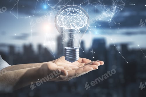 Preview: Hands Holding Creative Light Bulb With Brain Hologram On Night City Background. Idea And Brainstorm