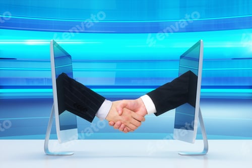 Preview: Computer Communication Concept With Human Handshake On Blue Abstract Background