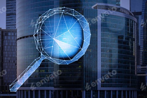 Preview: Creative Polygonal Magnifying Glass On Blurry City Background. Technology, Information, Search And