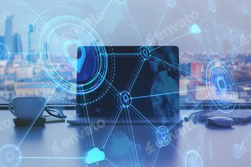 Preview: Close Up Of Desktop With Laptop And Creative Glowing Digital Map With Location Pins On Blurry