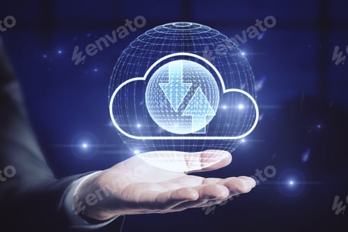 Preview: Hand Holding Abstract Digital Globe With Cloud And Arrows. Cloud Computing And Upload Concept