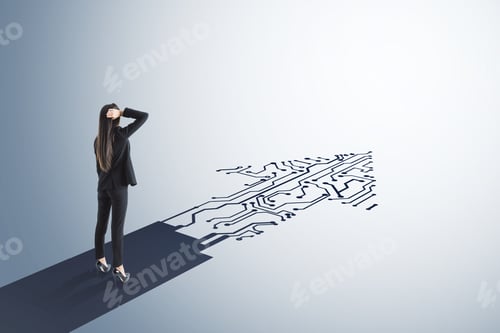 Preview: Businesswoman Standing On Abstract Circuit Arrow Sketch On White Background With Mock Up Place