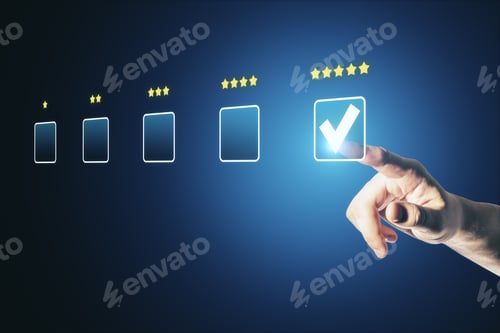 Preview: Male Hand Choosing 5 Stars On Abstract Glowing Rating Interface On Blue Background. Customer