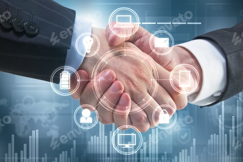 Preview: Handshake With Digital Business Interface. Teamwork And Technology Concept. Double Exposure