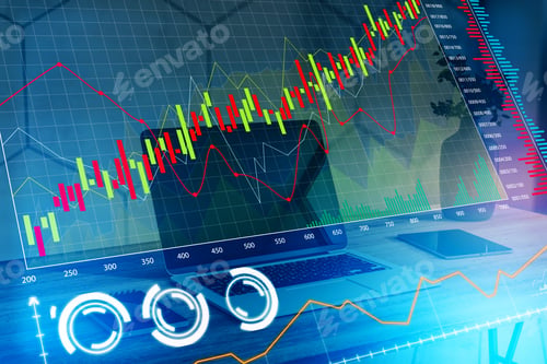 Preview: Close Up Of Workplace With Notebook Computer And Creative Glowing Forex Chart On Blurry Background