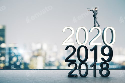Preview: Businessman With Telescope Standing On White 2020 New Year Text On Buildings Background.