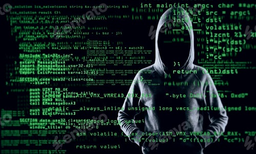 Preview: Coding And Theft Concept. Hacker With Abstract Coding Text On Blurry Background. Multiexposure
