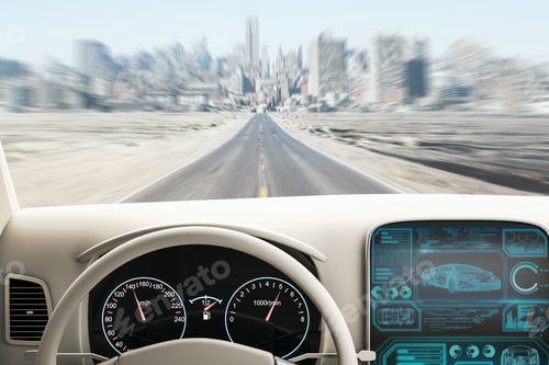 Preview: Modern White Car Interior With Futuristic Screen And Blurry Road View. Transport And Vehicle