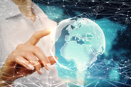 Preview: Close Up Of Hand Using Abstract Globe Hologram On Blurry Background. Cyberspace And Connection