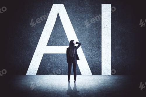 Preview: Back View Of Businesswoman Looking At Creative Ai Letters On Concrete Wall. Artificial Intelligence