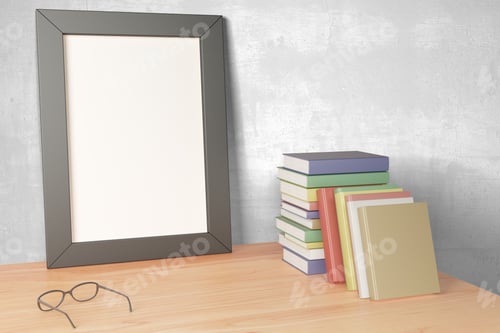Preview: Blank Grey Picture Frame On Wooden Table With Eyeglasses And Pile Of Books, Mock Up