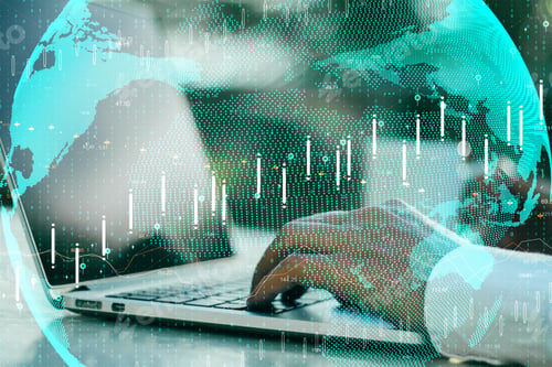 Preview: Side View Of Hands Using Laptop With Forex Chart And Globe. Global Trade And Analysis Concept