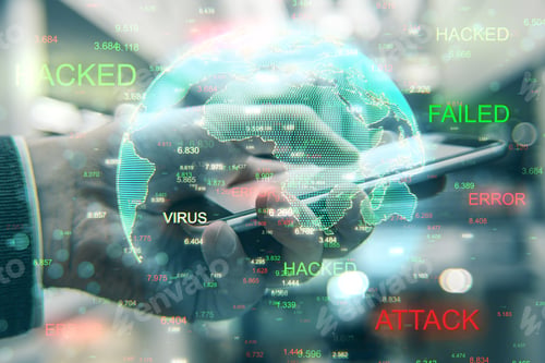 Preview: Close Up Of Hands Using Hacked Device On Blurry Background With Globe. Hacker And Computing