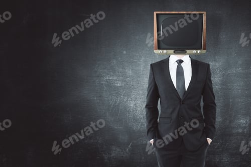 Preview: Tv Headed Man Standing On Concrete Wall Background With Copy Space. Manipulation Concept