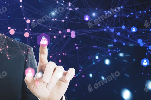 Preview: Close Up Of Hand Pointing At Abstract Global Polygonal Network On Dark Background, Metaverse