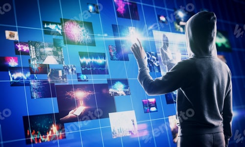 Preview: Hacker Using Abstract Digital Picture Gallery On Blue Background. Social Media And Malware Concept