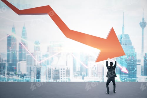 Preview: Businessman Holding Stock Crash Red Arrow On City Background. Business And Financial Crisis Concept.