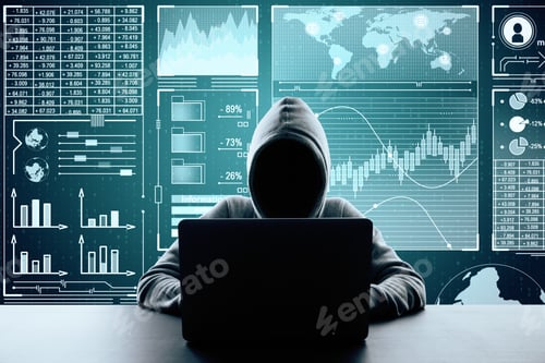 Preview: Hacker Using Laptop On Binary Code Background With Digital Business Interface. Malware And Finance