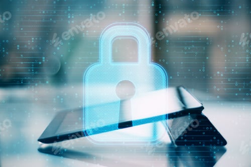 Preview: Close Up Of Tablet With Abstract Glowing Padlock Interface On Blurry Outdoor Background. Safety