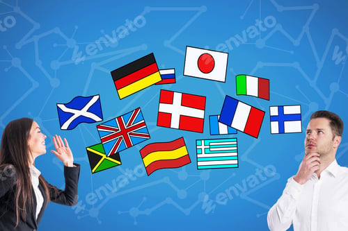Preview: Attractive Young European Business Woman And Man Talking To Each Other On Blue Background With