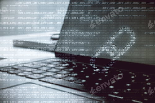 Preview: Close Up Of Laptop With Creative Blockchain Link And Binary Code On Blurry Background. Block Chain