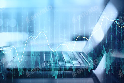 Preview: Close Up Of Laptop On Blurry Background With Creative Glowing Forex Chart Background. Finance