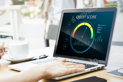 Preview: Close Up Of Hands At Wooden Desktop With Laptop Computer, Coffee Cup And Abstract Credit Score