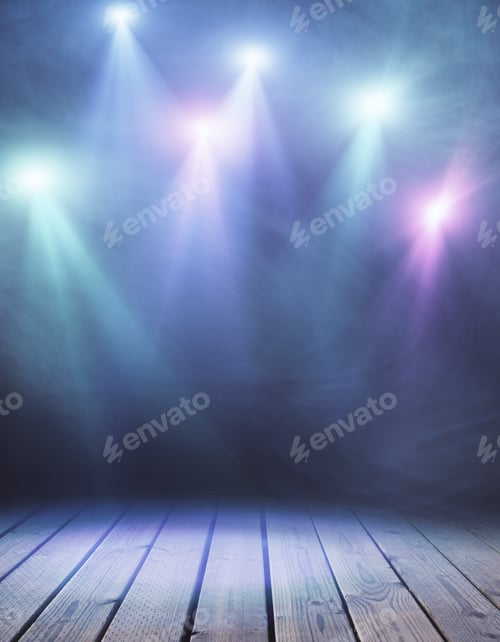 Preview: Wooden Stage With Blue Smoke And Spotlights. Presentation Concept