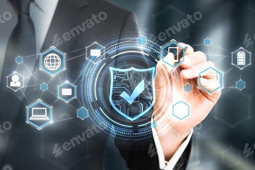 Preview: Businessman Hand Drawing Digital Antivirus Interface On Blurry Background. Online Safety Concept