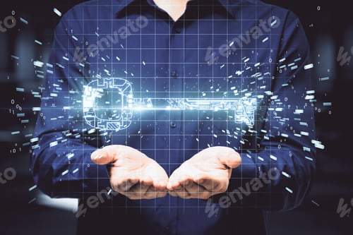Preview: Businessman Holding Glowing Digital Circuit Key With Binary Code. Safety And Security Concept
