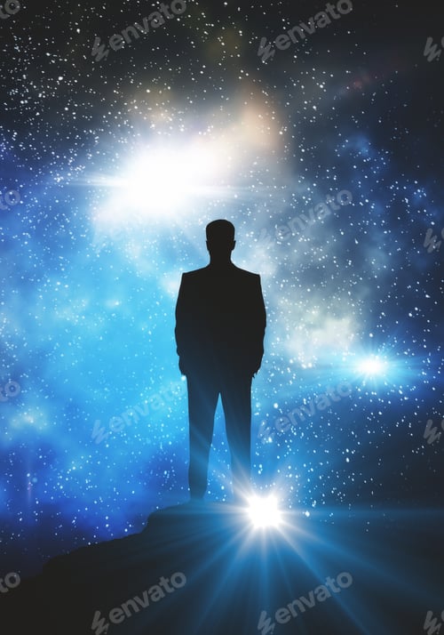 Preview: Back View Of Businessman Silhouette On Mountain Top And Open Space Background. Leadership And