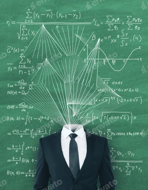 Preview: Headless Businessman With Abstract Scribble On Blackboard Background With Mathematical Formulas