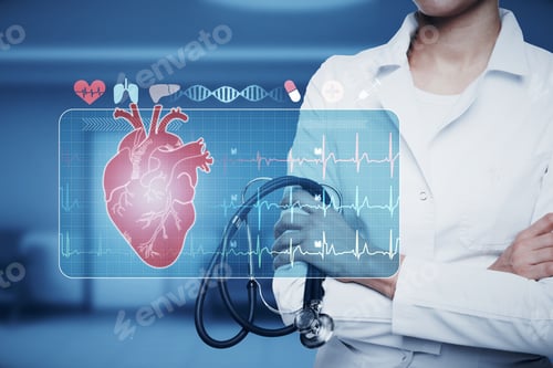 Preview: Close Up Of Female Doctor With Stethoscope, Folded Arms And Abstract Glowing Medical Cardiology