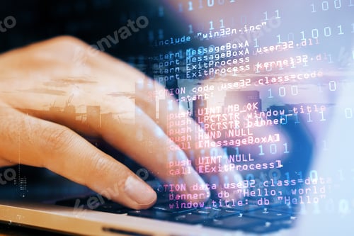 Preview: Close Up Of Male Student Hand Using Laptop Keyboard With Abstract Html Code On Creative City