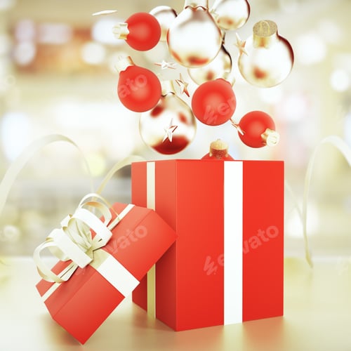 Preview: Christmas Tree Red And Gold Balls, Gold Stars And Red Gift Boxes