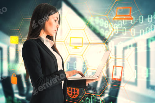 Preview: Attractive Young Busineswosman Using Digital Business Interface In Blurry Office Interior