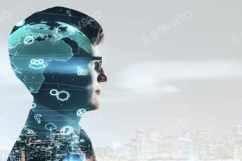 Preview: Side View Of Young Businessman With Social Network On Night City Background With Copyspace