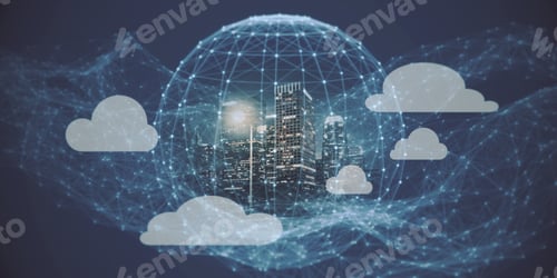 Preview: Abstract Polygonal Sphere With Clouds And City On Wide Blue Backdrop. Technology, Network And