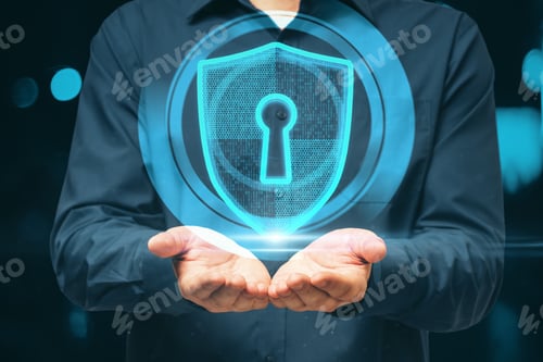 Preview: Close Up Of Businessman Hands Holding Glowing Shield And Padlock Hud On Blurry Background. Safety