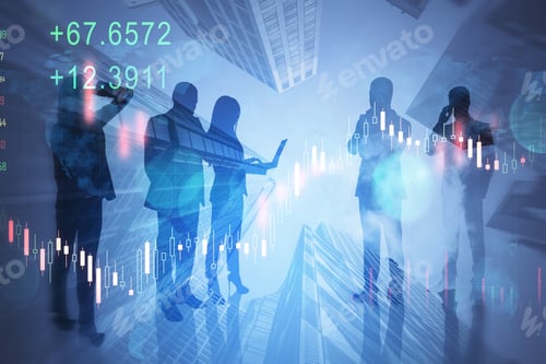 Preview: Businesspeople Working On Abstract City Background With Forex Chart. Teamwork, Trade, Finance And