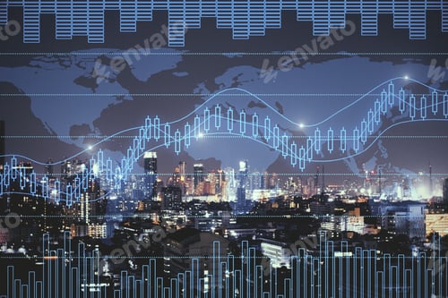 Preview: Night City Background With Digital Forex Chart. Trade And Investment Concept. Double Exposure