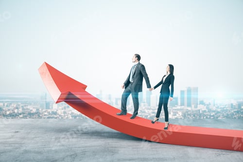 Preview: Businessman And Businesswoman Walking On Red Arrow On City Background. Success And Startup Concept.