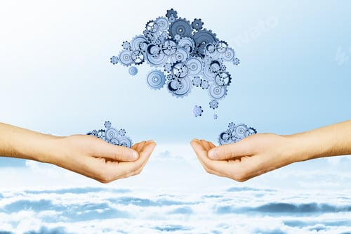 Preview: Hands Holding Abstract Brain Shaped Gears On Sky Background. Industry Concept