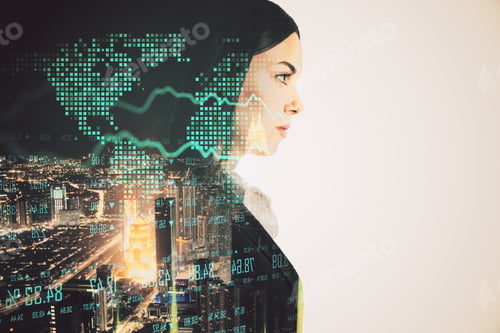 Preview: Young Businesswoman Silhouette On Stock Report Hologram. Business And Financial Success Concept