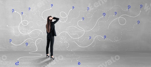 Preview: Business Decision Concept With Pensive Businesswoman Looking At Concrete Wall With Curved Lines And