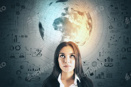 Preview: Portrait Of Attractive Young Europea Businesswoman With Creative Business Sketch And Globe Hologram