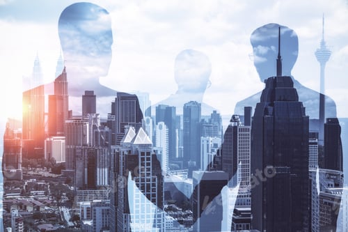 Preview: Creative Business People Crowd Standing On Glowing City Background. Teamwork, Meeting And Deal