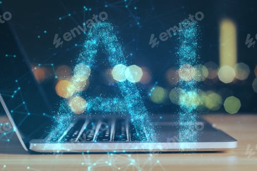 Preview: Close Up Of Notebook With Abstract Ai Hologram On Blurry Bokeh Background. Artificial Intelligence