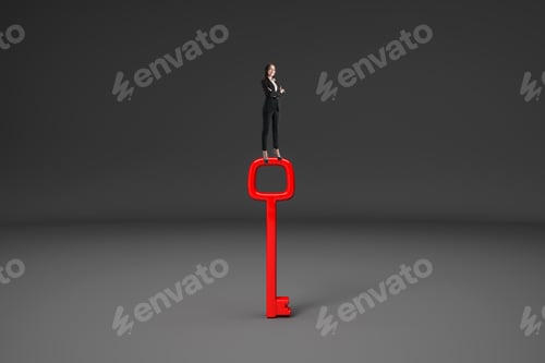 Preview: Businesswoman Standing On Red Key And Looking Into The Distance On Gray Background. Access And