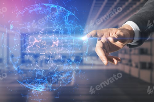 Preview: Close Up Of Businessman Hand Pointing At Abstract Glowing Polygonal Sphere On Blurry Office